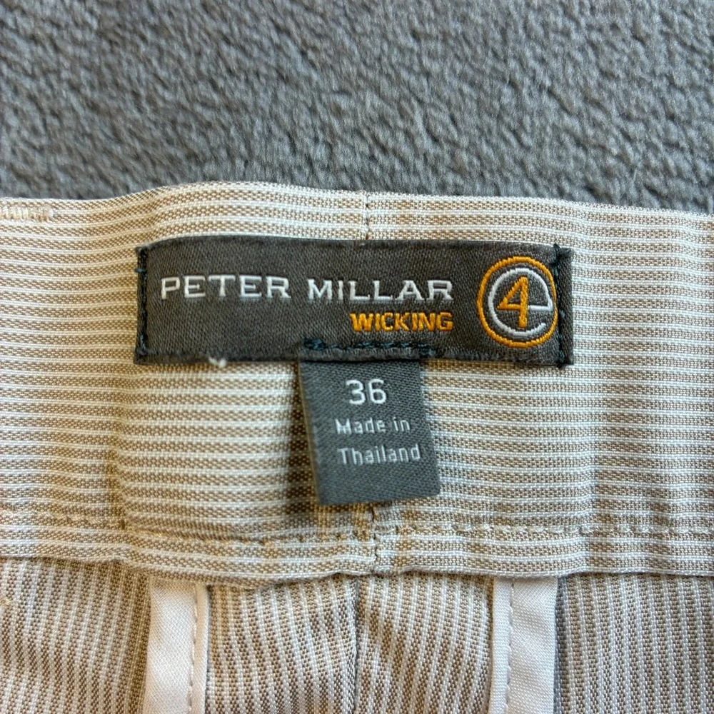 Peter Millar Mens 36 Crown Sport Wicking Golf Shorts Tan White Micro Stripe 9in